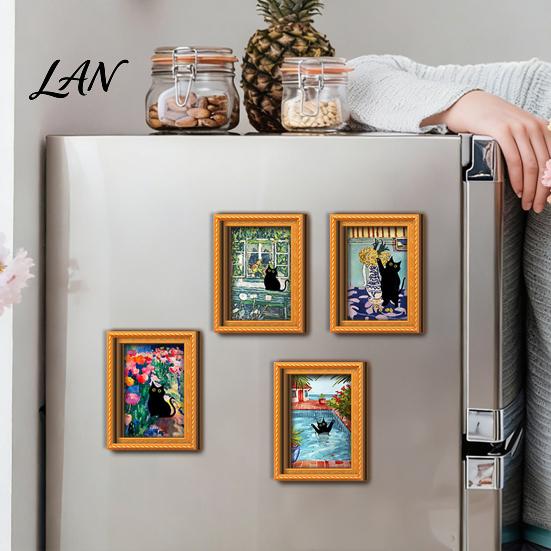 Decorative Fridge Magnets Oil Painting Cat Refrigerator Magnet, Wooden Frame Black Pattern Magnet Decor Theme Retro Rectangle Magnetic Decoration Home
