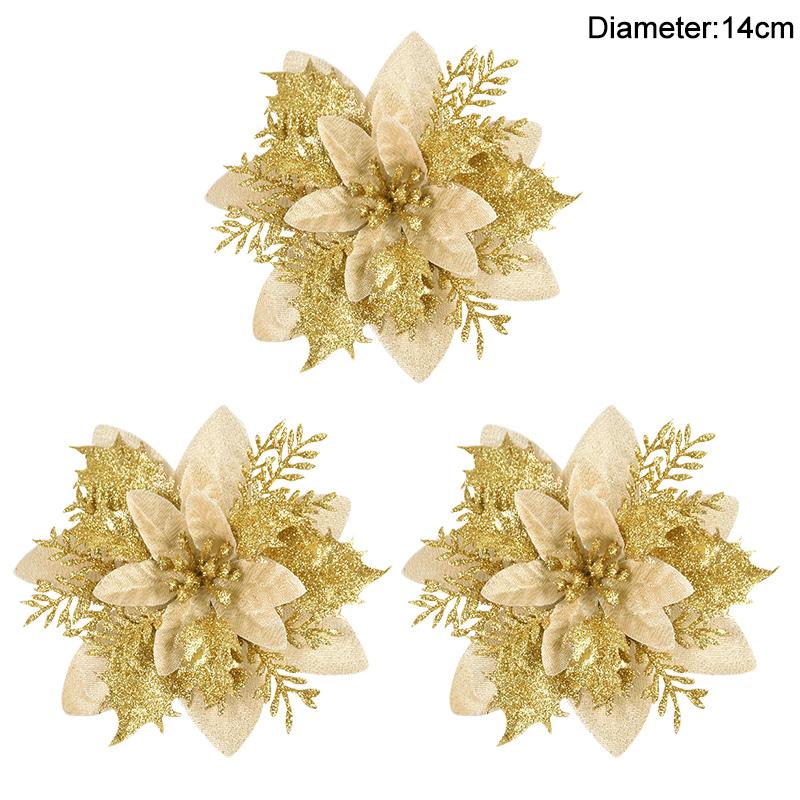 3/10pcs 14cm Christmas Flowers Glitter Red Gold Flower Head Xmas Tree Ornament New Year Decorations for Home Navidad Noel Gifts