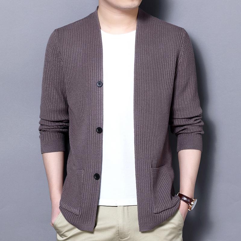 Sweater Men's Cardigan Trendy Slim Fit Solid Color Knitted Jacket Men's New Pocket Casual Handsome Thread Coat Outer Wear