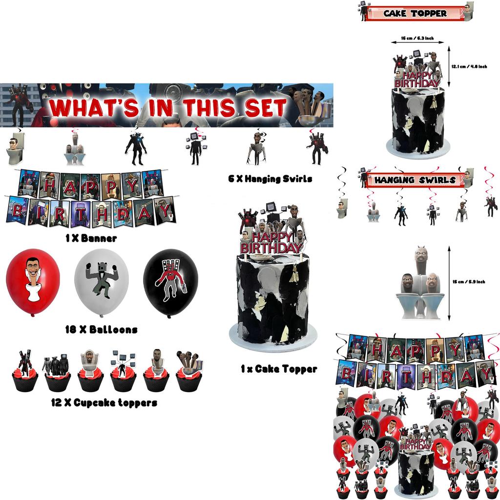 Набор для украшения дня рождения в стиле Skibidi Toilet Тематический топпер для торта-монстра, бумажные флажки, воздушные шары и многое другое!