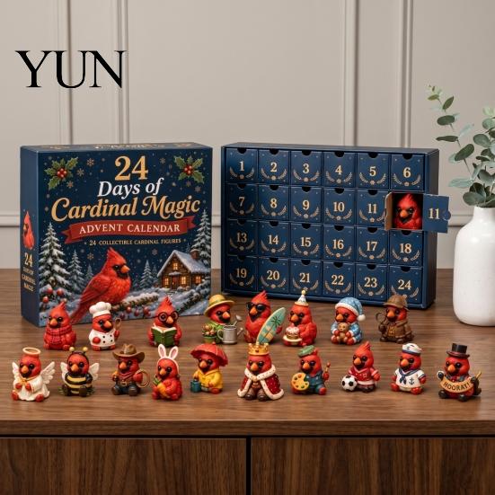 Holiday Countdown Gift Red Bird Christmas Advent Calendar, 24 Unique Miniature Collectible Doll Ornaments Figurines, Tree Hanging for Gifts