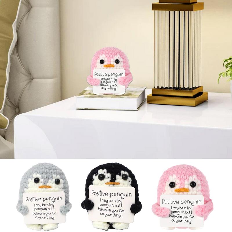 Knitted Emotional Support Penguin Crochet Doll with Positive Card Cute Crochet Doll Mini Penguin Toy Decor Home Accent Ornaments