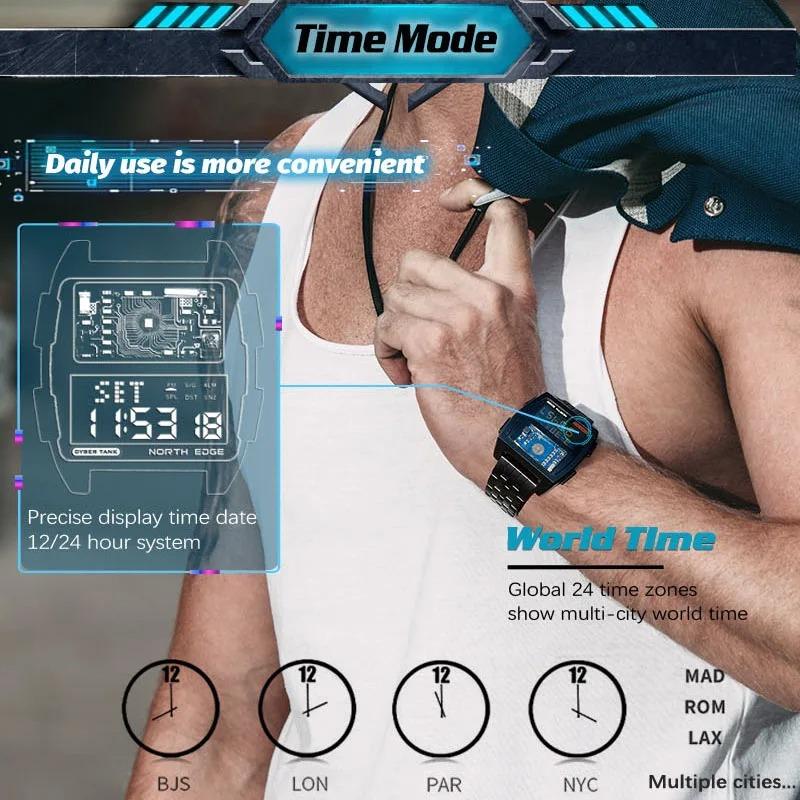 NORTH EDGE Мужские цифровые часы в стиле ретро, промышленный металл, водонепроницаемые, 50 м, спортивные часы для мужчин, мировое время, reloj de hombre