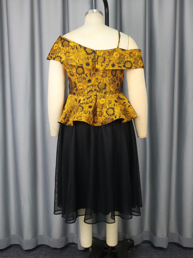 Комплекты из двух вещей для женщин: топ-пеплум с открытыми плечами и сетчатая юбка А-силуэта с цветочным жаккардом для коктейльной вечеринки и особого случая