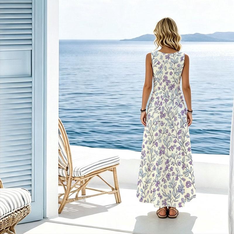 Floral Sleeveless Flowy Maxi Dress Lightweight,Fresh Style,Versatile for Beach Vacation Daily Wear