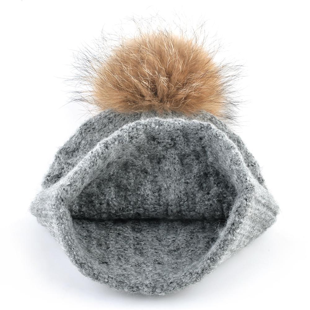 Женская зимняя шапка, женская теплая вязаная шерстяная шапка с натуральным мехом и помпоном, шапки для девочек