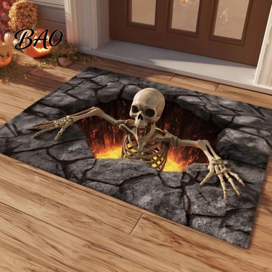 Funny Prank Door Mat 3D Halloween Rug, Optical Illusion Skeleton Realistic Depth Pattern, Jack-o'-lantern Floor Decor Spooky Pumpkin Non-slip