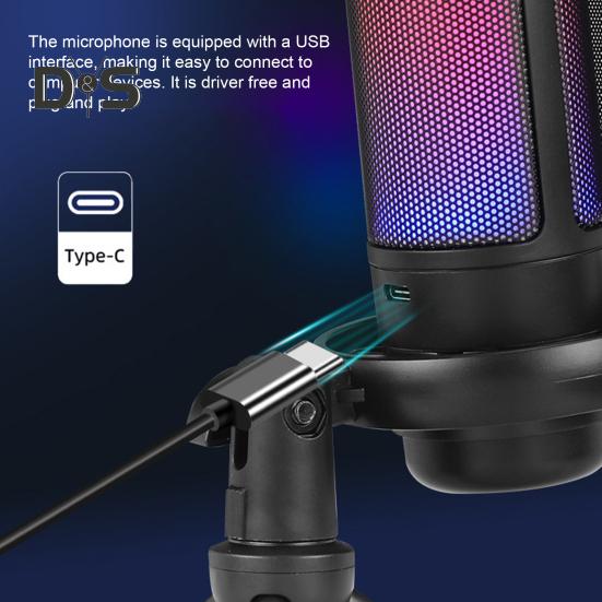 Gaming Microphone with Tripod Stand Noise Reduction RGB Breathing Light Design Gain Control Plug-Play Universal USB Microphone