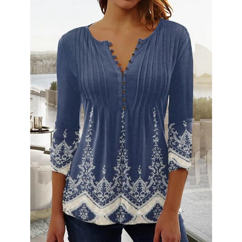 Весенне-летняя женская блузка, модная новая женская футболка с v-образным вырезом и короткими рукавами, плиссированной пуговицами и цветочным принтом