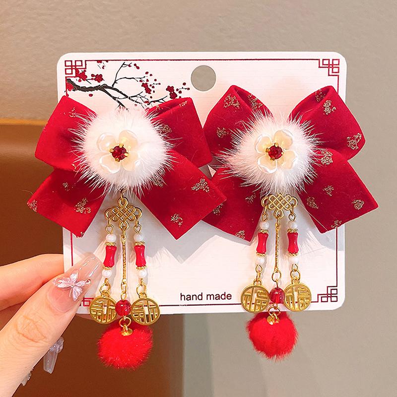 1 пара заколок для волос в китайском стиле, детские кисточки, заколки для волос, милый бант, бабочка, головной убор, кавайные красные аксессуары для волос, подарки