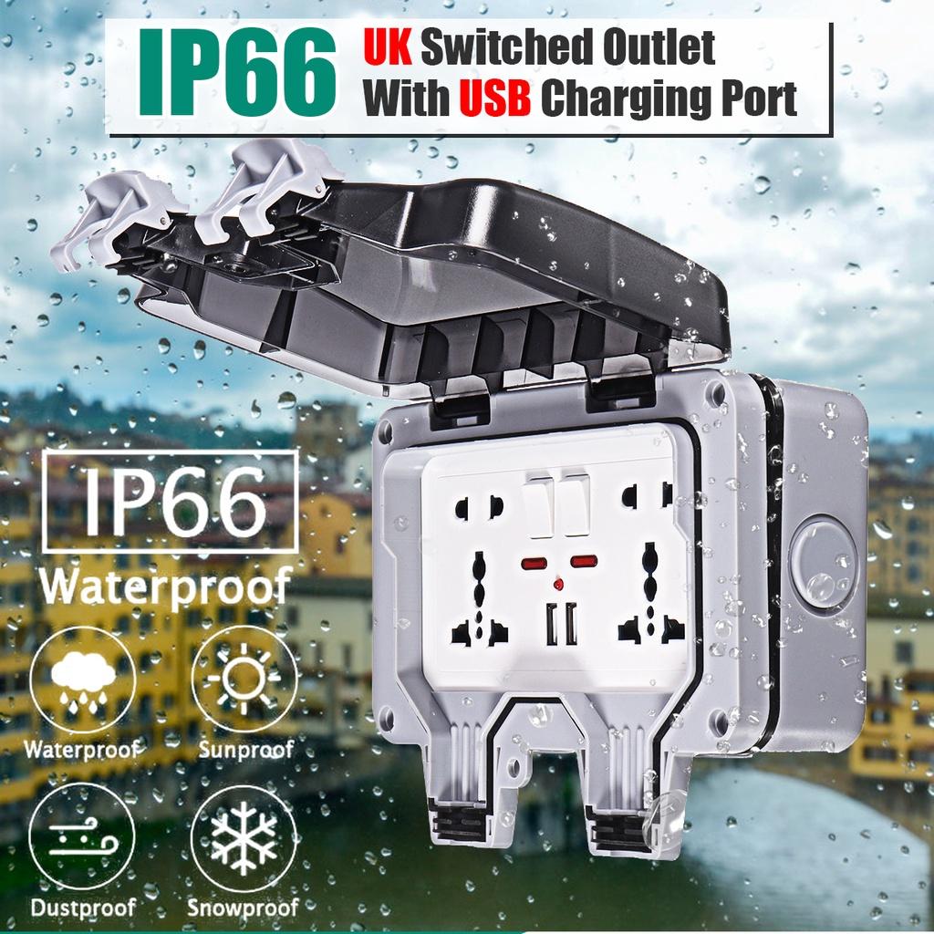 IP66 13A Всепогодная настенная розетка для улицы, двойная универсальная / переключаемая розетка для Великобритании с USB-портом для зарядки 110-240 В