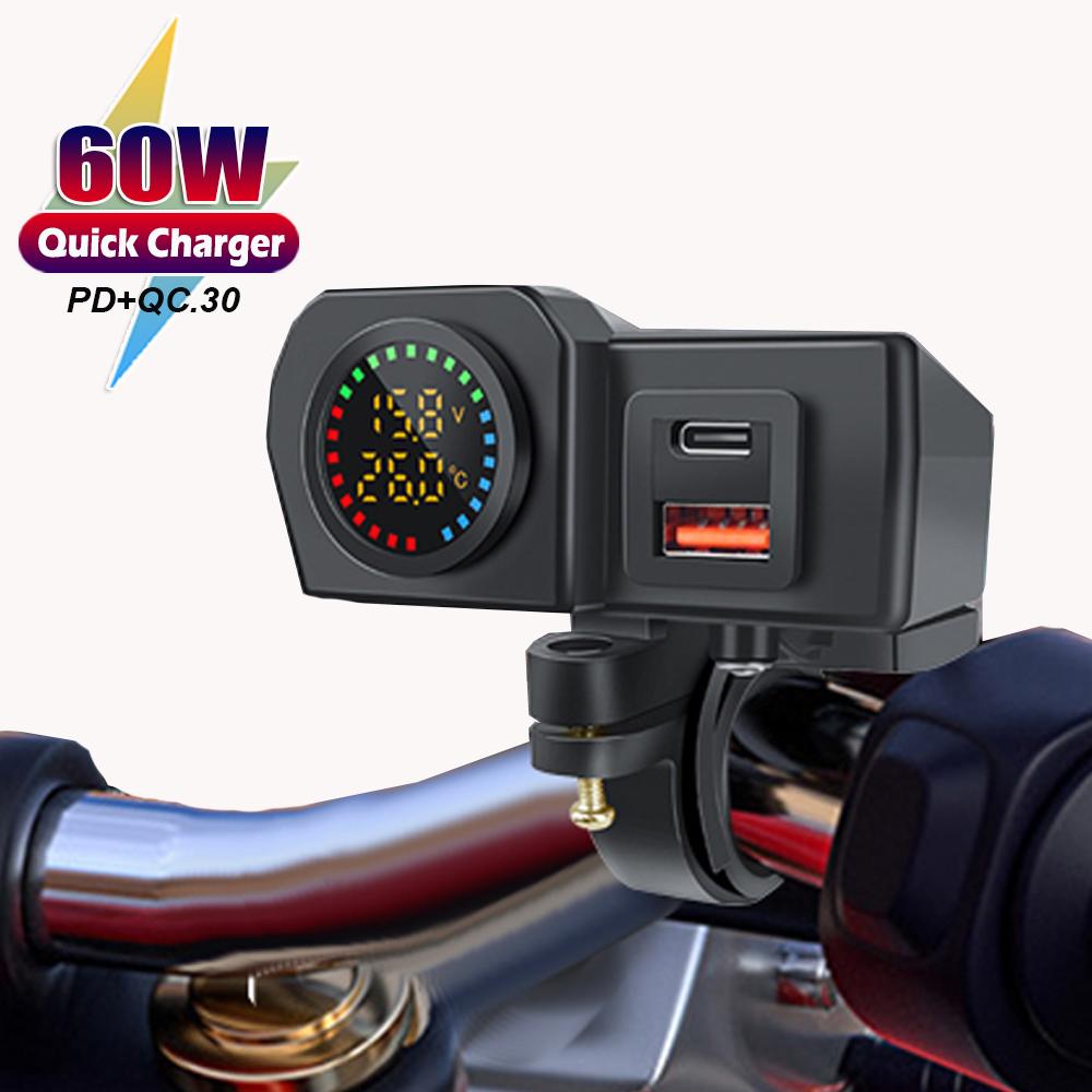 60 Вт мотоциклетный руль PD QC3.0 зарядное гнездо USB Type-C быстрое зарядное устройство телефон адаптер питания с вольтметром термометр дисплей