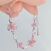 Elegant Pink Crystal Bowknot Adjustable Bracelet for Woman Silver Moon Chain Accessories Jewelry