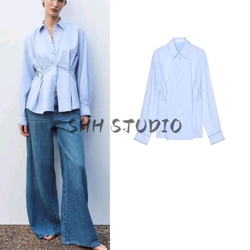 Spring New Women's Clothing Minimalist Style Waist Button Decoration Oxford Long Sleeves Lapel Shirt Tops 2190772
