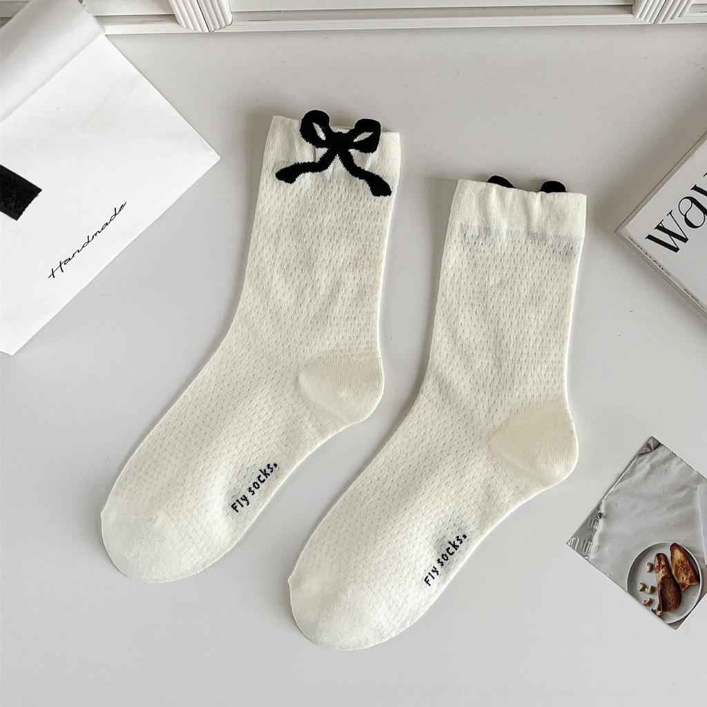 Bow Socks For Women Mid-Season Tube Socks Thin Sweat-Absorbing Stockings Black And White Versatile Trendy Socks