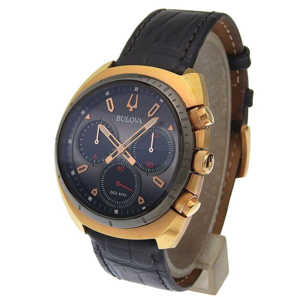 Б/у [BULOVA] Bulova Curve Chronograph 98A156 Позолоченный x Кожаный Кварцевый Хронограф Мужские часы с черным циферблатом