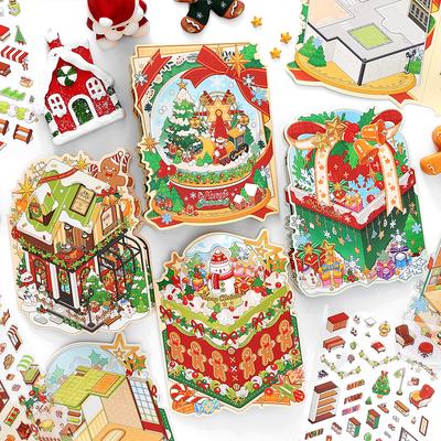 Kawaii 3D Cartoon Christmas House Series Miniature Scene Stickers DIY Handmade Stacked Scrapbook Stickers Holiday Gifts