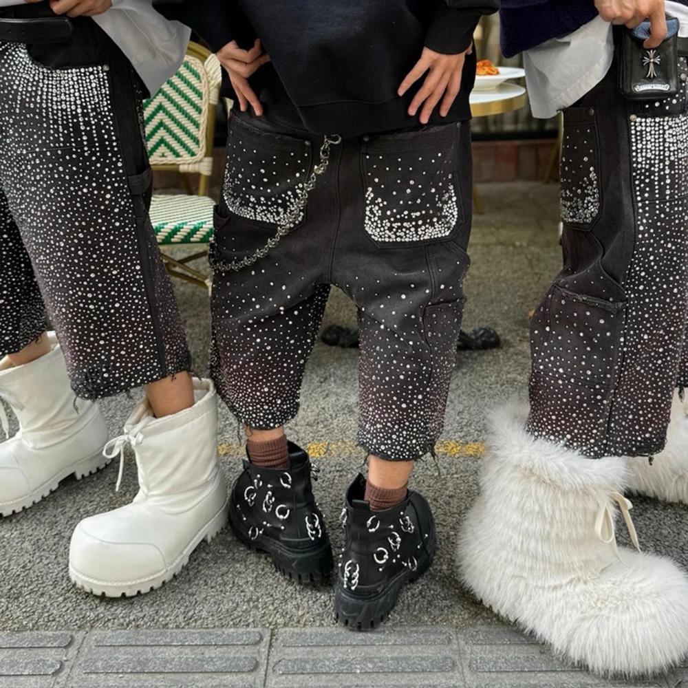 RogueWave Streetwear Мешковатые джинсовые шорты для мужчин с принтом из страз, рваные, выстиранные, короткие, повседневные, свободные, из денима, пятиточечные