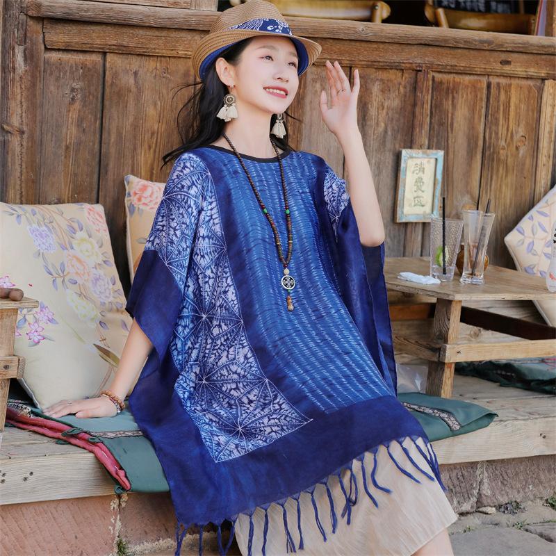 Four Season Imitation Tie Dye Printed Ethnic Style Scarf, Women'S Retro Famous Ethnic Style Blue And White Porcelain Sunscreen Cloak, Large Shawl