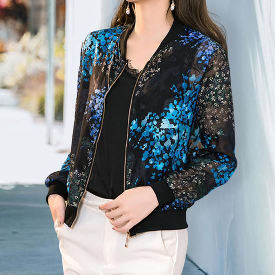 Женское бейсбольное пальто с принтом, защита от солнца, молния, тонкий воротник-стойка, солнцезащитный крем на молнии, цветные эластичные манжеты, женское пальто для дома