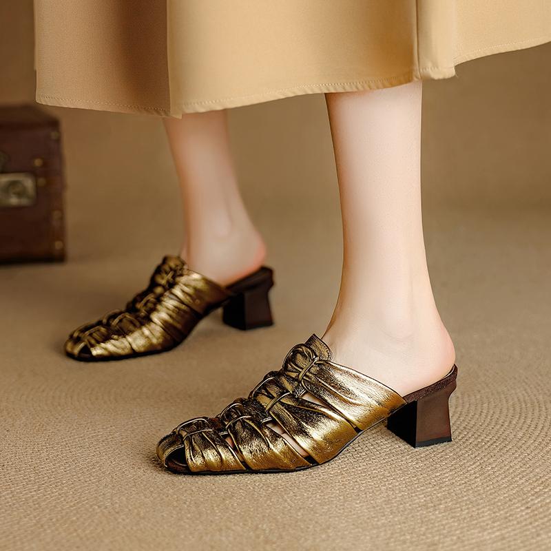 Мода 2025 Лето Новая Натуральная Кожа Ретро Полу-драг Мюли Женские Женские Высокий Каблук Квадратный Носок Повседневная Обувь Женские Шлепанцы