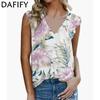 Женская мода, летние повседневные футболки и топы без рукавов с v-образным вырезом и цветочным узором