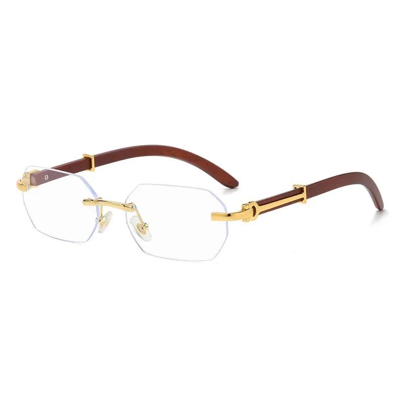 Винтажные безободковые прямоугольные солнцезащитные очки, неправильные маленькие квадратные очки с деревянной оправой, золотые полигональные, защита UV400, унисекс