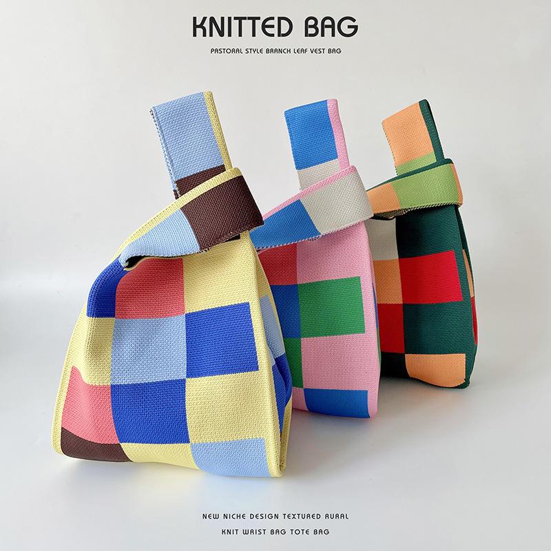 Trendy Pink & Green Checkered Knit Vest Gilet Handbag – Large Capacity