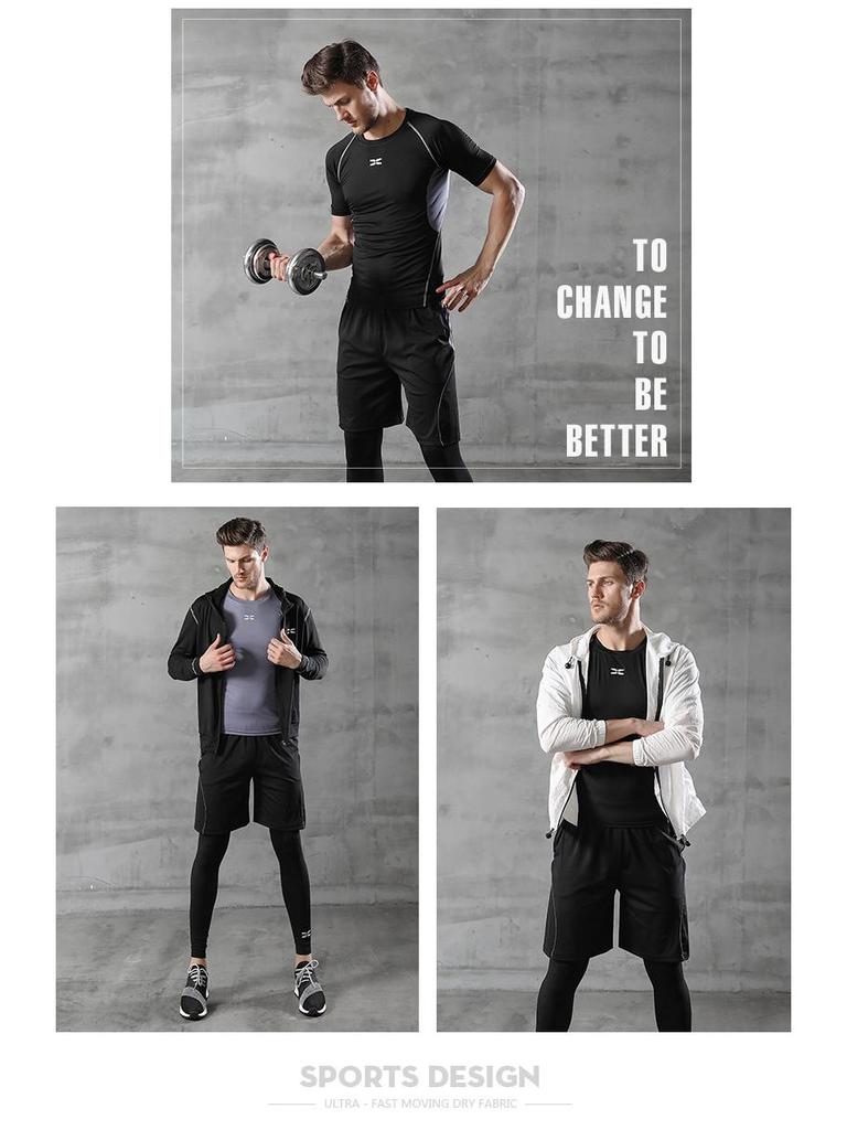 Мужской фитнес-костюм-пятерка черного цвета: Куртка, Короткий рукав, Футболка, Большой размер Спортивный костюм