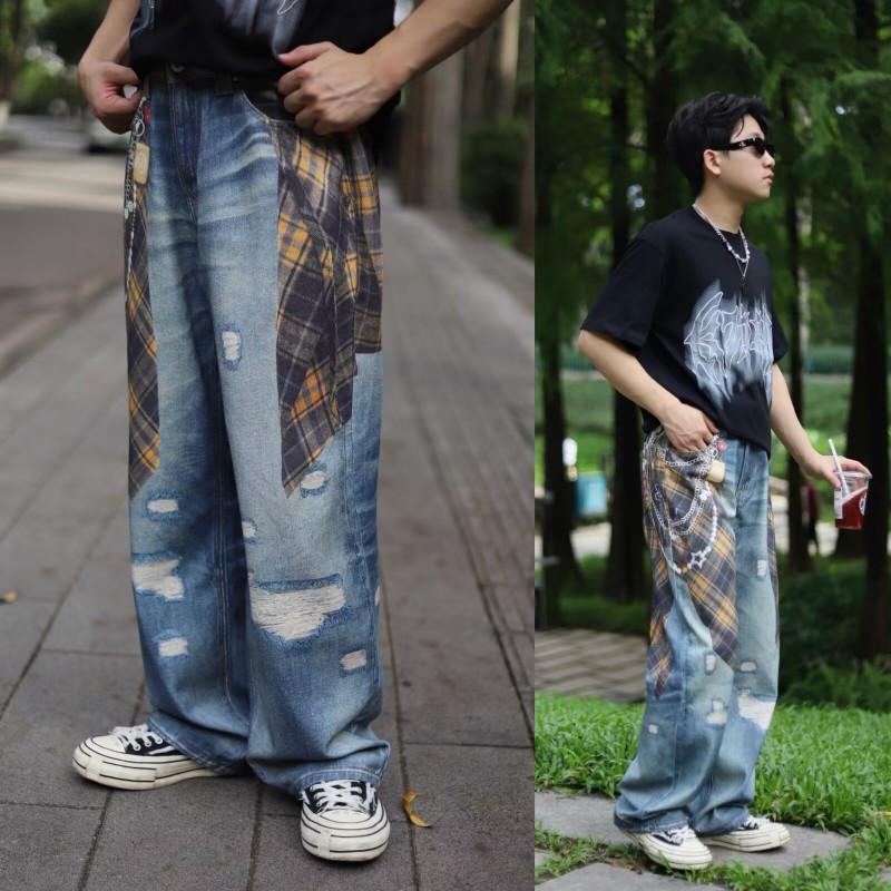 Винтажные Джинсы с Лоскутами и 3D Вышивкой Свободного Покроя Streetwear Унисекс Широкие Джинсы