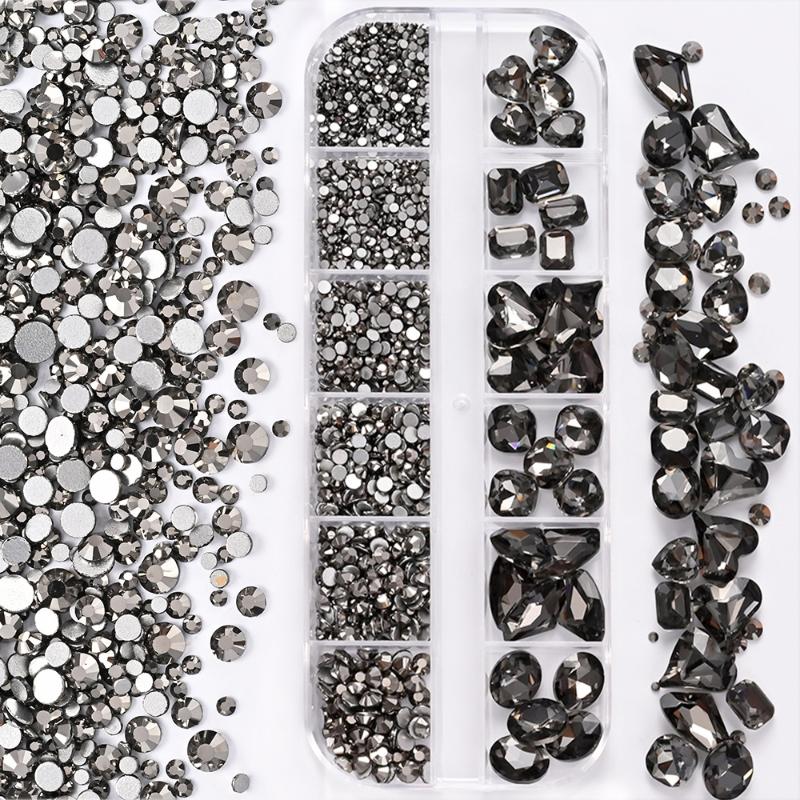 12-Grid 3D Nail Art Rhinestones Set Super-Shiny Flatback Adhesive Rhinestones for DIY Decorative Nail Art Multiple Shapes