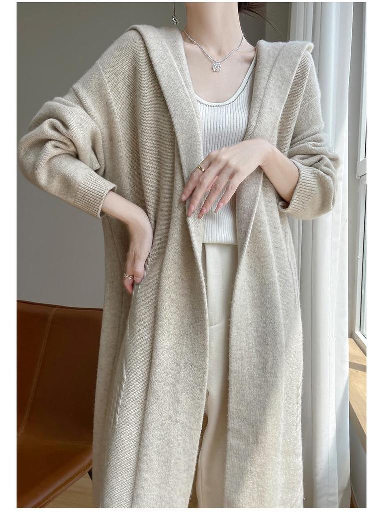 Women's Hooded Over-the-Knee Wool Knitted Cardigan - Thick, Loose, Buttonless Outerwear for Autumn/Winter