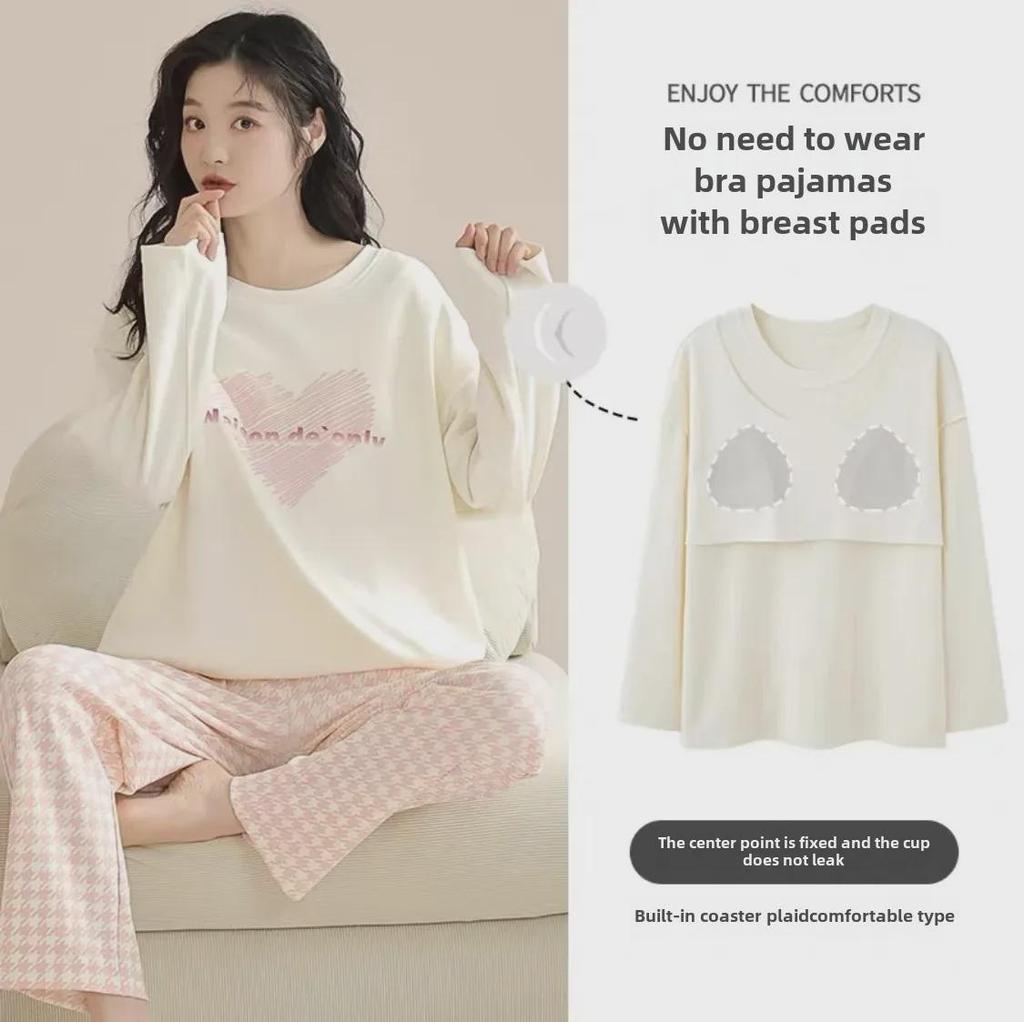 Женский пижамный комплект с рисунком из мультфильмов на весну/осень с нагрудными накладками, длинными рукавами и брюками — свободный, удобный и подходит для ношения на открытом воздухе