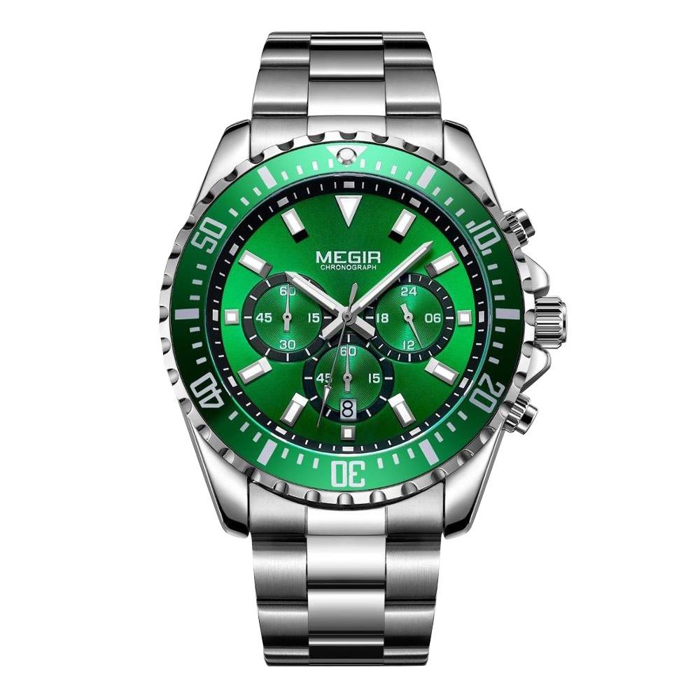 Мужские кварцевые часы с хронографом из нержавеющей стали, водонепроницаемые, светящиеся аналоговые 24-часовые наручные часы для мужчин, зеленый циферблат