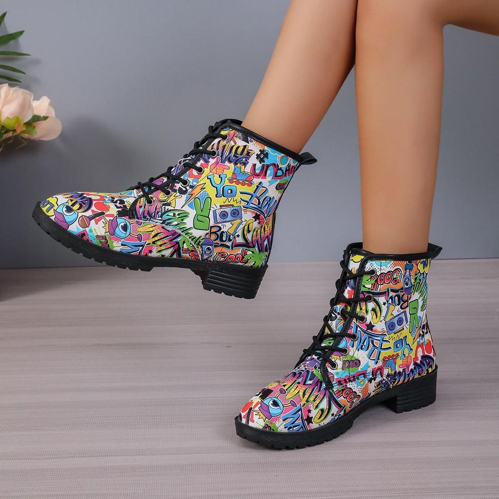 Европейские и американские ботинки Martin для женщин: Осенне-зимние рабочие ботинки с 3D-печатью в стиле граффити.