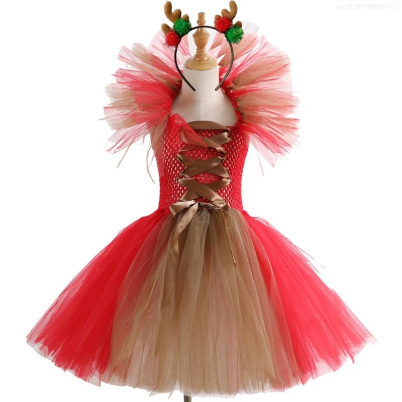 Girl Princess Outfits Set Includes Christmas Dress and Headband for Kids 2-12 F0S4
