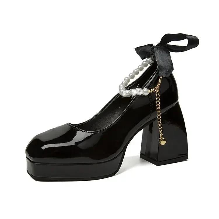 Модные туфли на высоком каблуке больших размеров для женщин 2024 года, осенние туфли Мэри Джейн с цепочкой и толстым каблуком, туфли-лодочки на платформе, модные туфли для платья