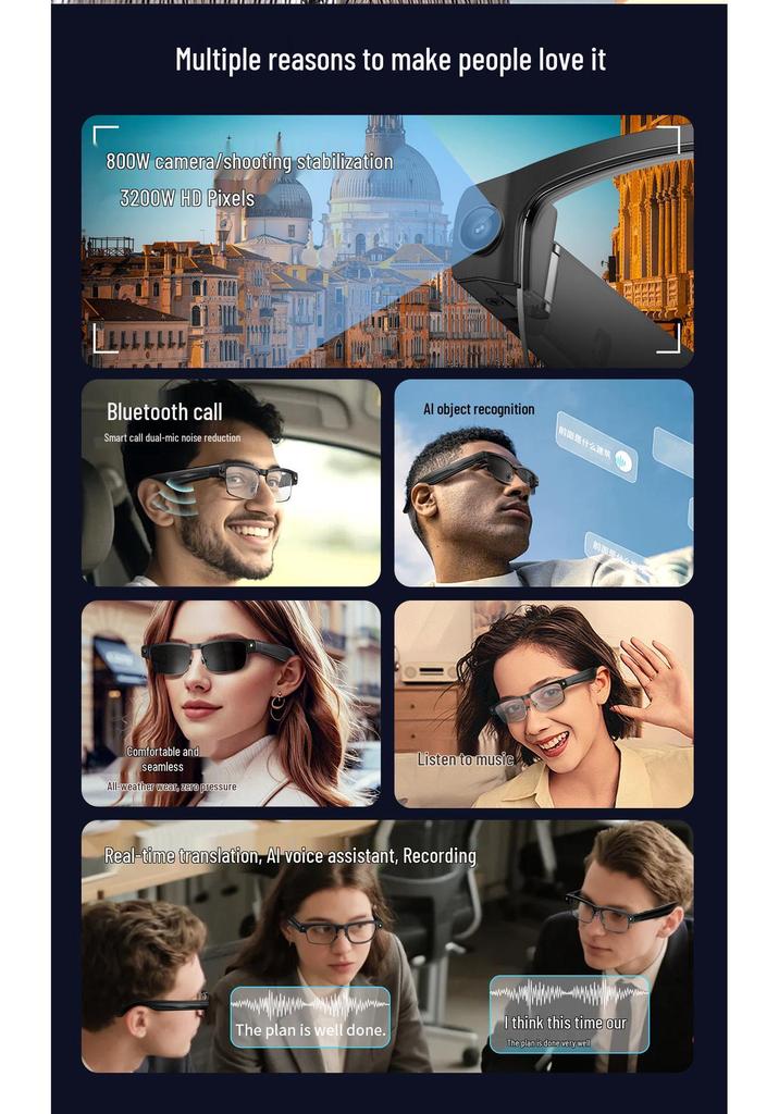AI Smart Glasses: 8MP HD Camera, Bluetooth, Dual Microphone, Noise-Cancelling, Anti-Blue Light, Translation Feature