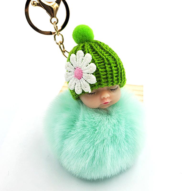 1PC Cartoon Lovely Women Baby Sleep Doll Keyring Plush Bag Pendant Fluffy Fur Ball