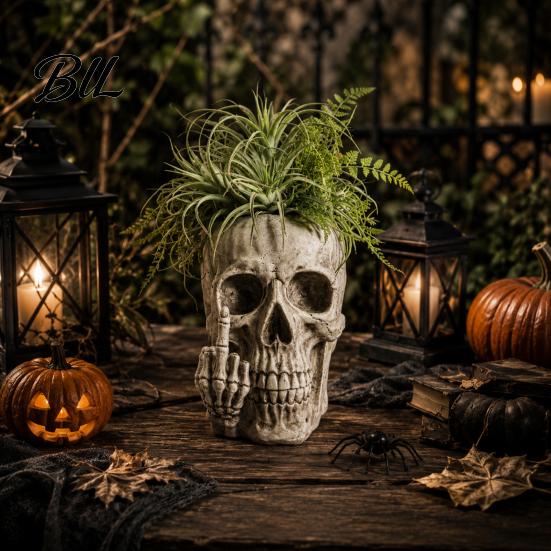 Gothic Home Decor Skull Planter with Middle Finger Design, Resin Skeleton Flower Pot Halloween Party Ornament for Succulents, Funny Plant Office