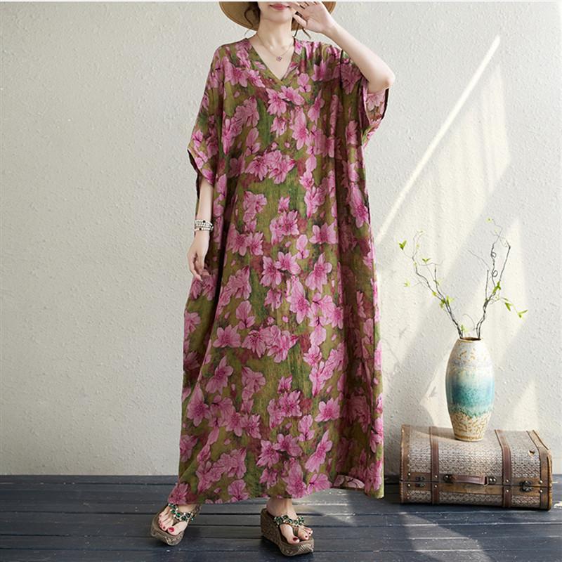 Новое хлопковое платье больших размеров с коротким рукавом и цветочным принтом для женщин, повседневное свободное длинное летнее платье макси