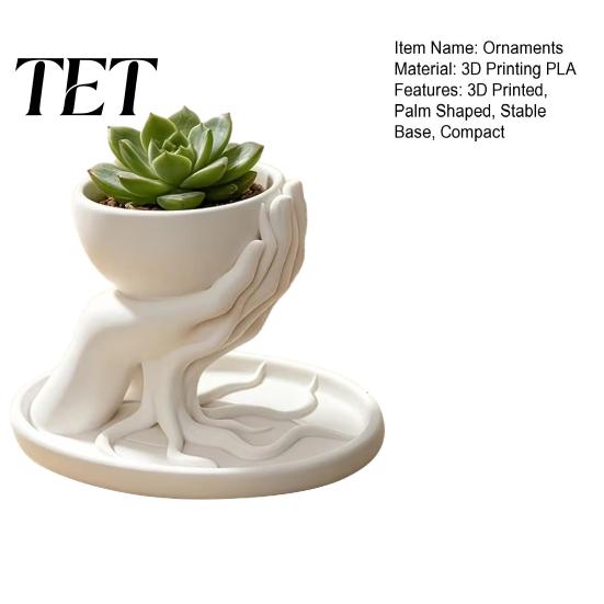 Unique Artistic Root Base Ornament 3D Printed Palm Shaped Succulent Planter with Drainage Tray, Holding Small Decorative Foliage Plant Holder