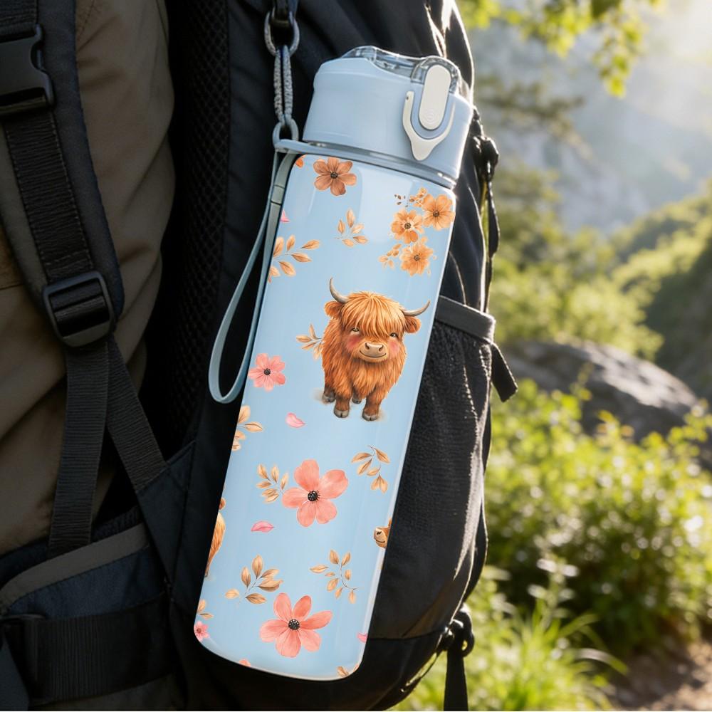 1PC Bear Cookie Repeat Doodle Pattern 750ml Color Plastic Sports Water Bottle Leakproof Flip Straw Lid Suitable for Sports Office Home Use