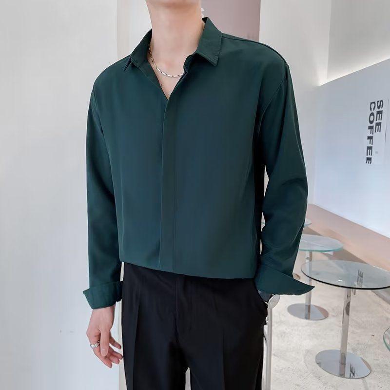 Korean Long Sleeve Shirt Men Fashion Loose Business Casual White Shirt Men's Button Design Top Large Comfortable Shirt