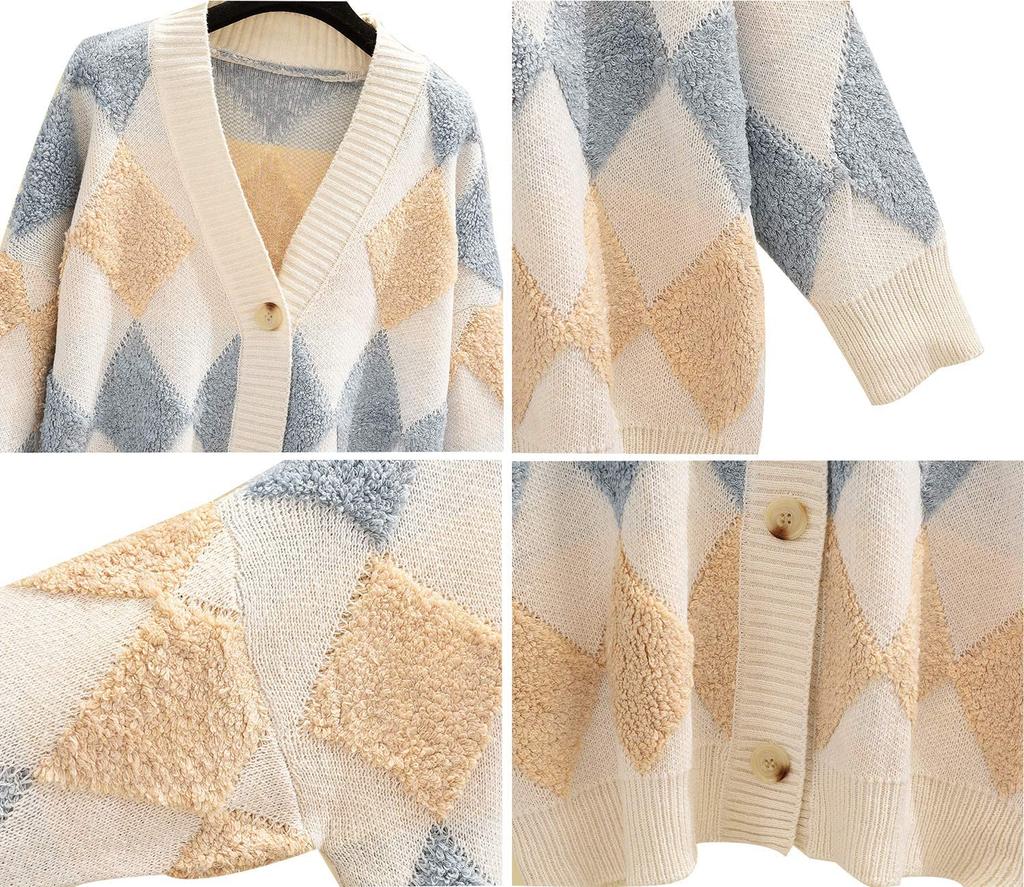 Пушистый Аргайл Толстый Холодный Свободный Зимний Пушистый Пушистый Пушистый Осенний Боа Боа Боа Боа Боа Боа Флисовый Боа Флисовый Длинный [Henri] Кардиган, Верхняя одежда,