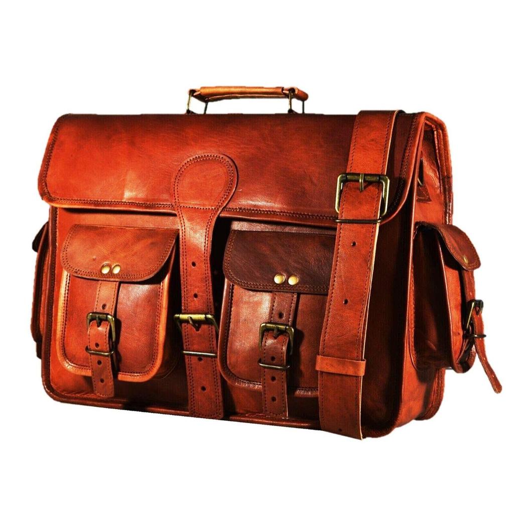 Vintage Briefcase Goat Leather Messenger Real Satchel Bag Brown Genuine Laptop