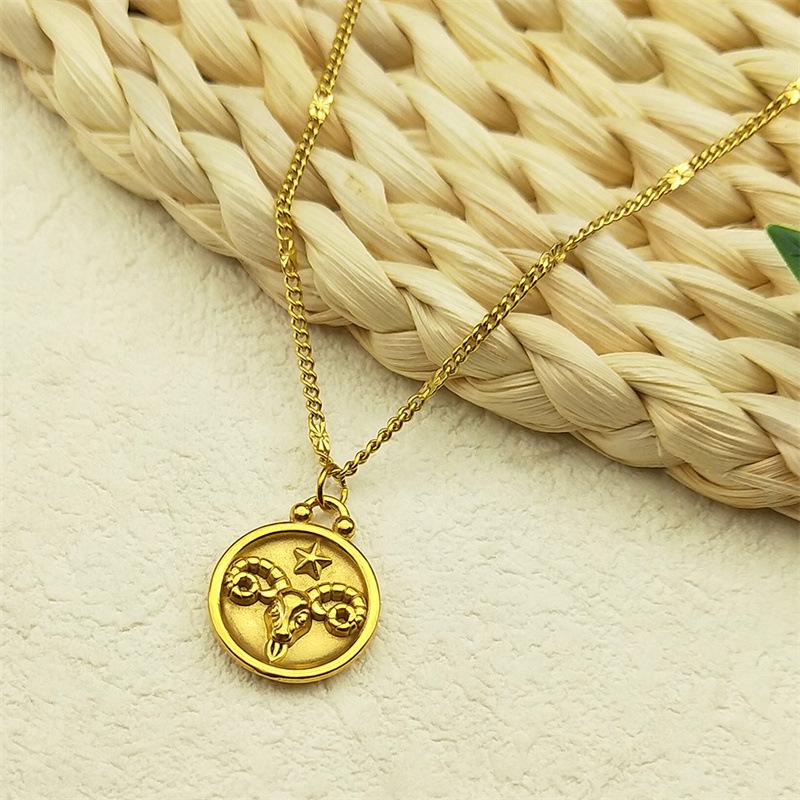 Маленькие и универсальные украшения для темперамента, рельеф из нержавеющей стали с изображением двенадцати знаков зодиака, круглая подвеска, ожерелье из титановой стали