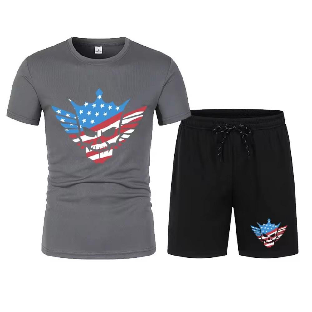 2025 Новый мужской черный Cody Rhodes Skeleton Mesh футболка + шорты комплект летний дышащий быстросохнущий короткий рукав толстовка спортивный комплект