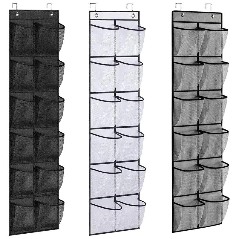 12/24 Grids Wall-Mounted Sundries Shoe Organiser Fabric Closet Bag Storage Rack Mesh Pocket Clear Hanging Over The Door Box