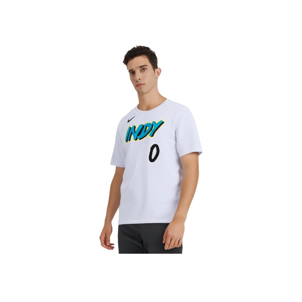 Nike X NBA Collaboration Indiana Pacers FW24 Tyrese Haliburton Essential City Edition Logo Round Neck Short Sleeve T-Shirt Men Tops White HJ2775-101